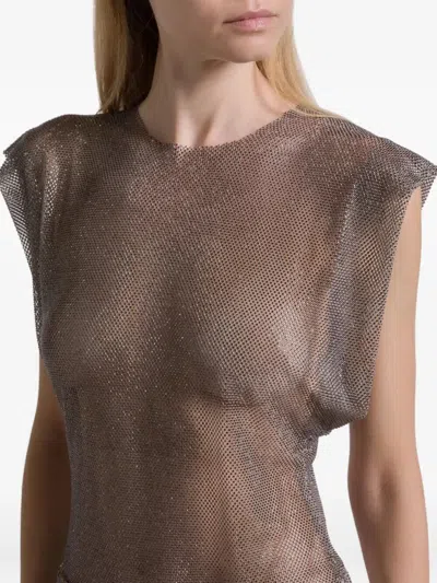 Alberta Ferretti Crystal Mesh Round Neck Cap Sleeve Top In Gray