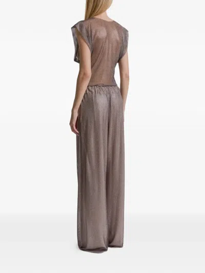 Alberta Ferretti Crystal Mesh Round Neck Cap Sleeve Top In Gray