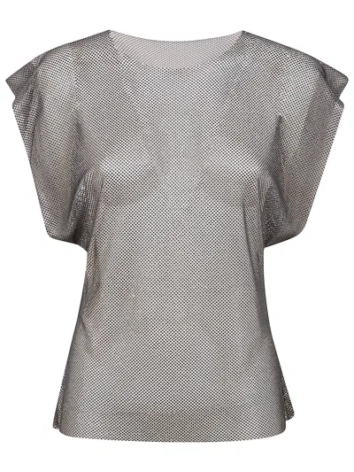 Alberta Ferretti Crystal Mesh Round Neck Cap Sleeve Top In Gray