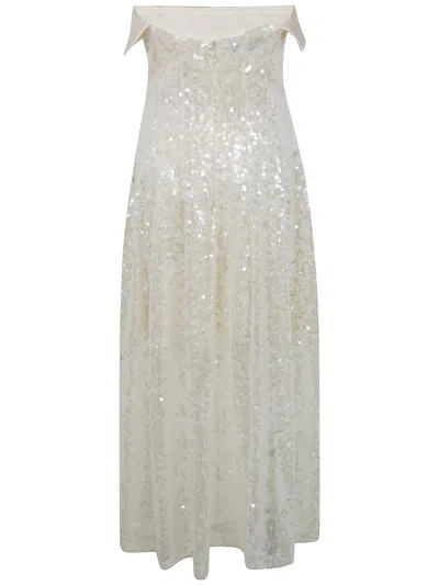 Alberta Ferretti Sequin Dress Floor Length Off Shoulder In White