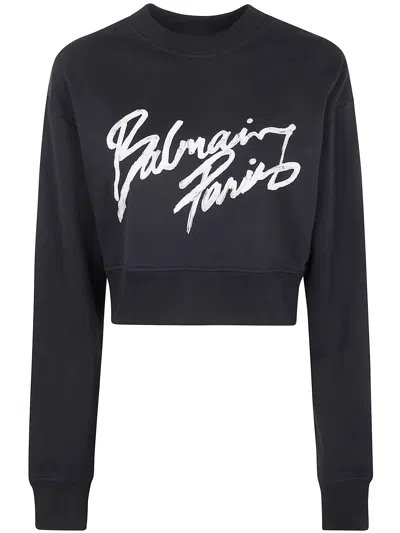Balmain Cropped Printed Cotton Sweatshirt In Black