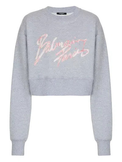 Balmain "" Cropped Roundneck Sweater Clothing In Gray