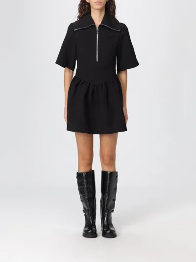 Ganni Mini Dress With Gathered Waist And Short Sleeves In Black