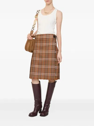 Burberry Pleated Skirt With Frayed Hem And Buckles In Brown