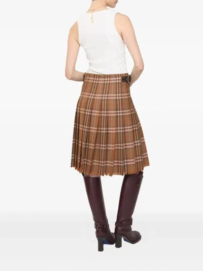 Burberry Pleated Skirt With Frayed Hem And Buckles In Brown