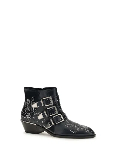 Chloé Black Calf Leather Bos Taurus Lace-up Boots In Animal Print