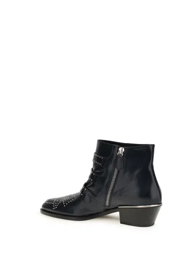 Chloé Black Calf Leather Bos Taurus Lace-up Boots In Animal Print