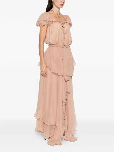 Chloé Gathered Ruffle Organic Silk Mousseline Gown In Pink