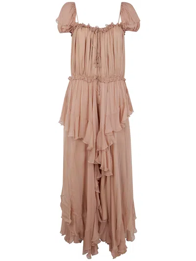 Chloé Gathered Ruffle Organic Silk Mousseline Gown In Pink