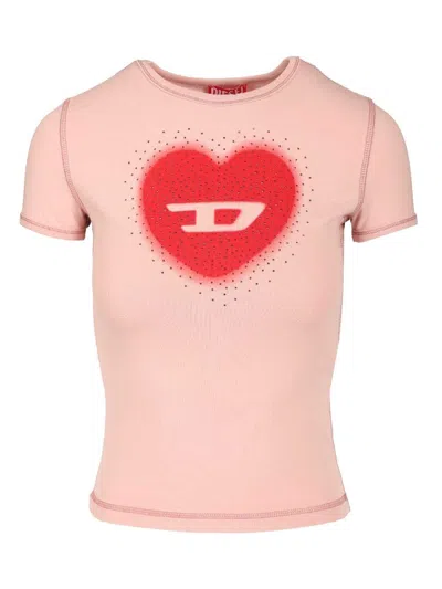 Diesel Women Pink Crew Neck T-shirt With Front Print And Beaded Details In Cotton Woman In Gold