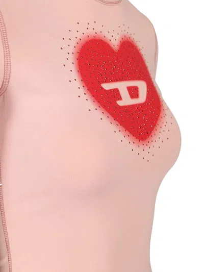 Diesel Women Pink Crew Neck T-shirt With Front Print And Beaded Details In Cotton Woman In Gold