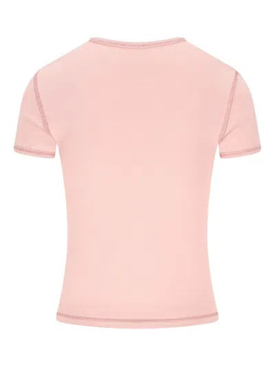 Diesel Women Pink Crew Neck T-shirt With Front Print And Beaded Details In Cotton Woman In Gold