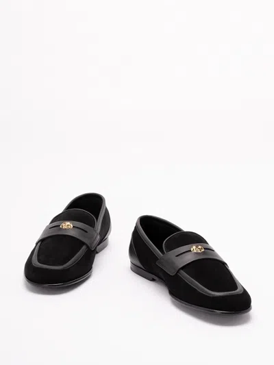 Dolce & Gabbana Ariosto Black Loafers With Metallic Dg Logo Plate On The Front In Leather And Suede Man In Black