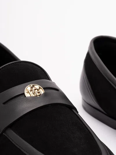 Dolce & Gabbana Ariosto Black Loafers With Metallic Dg Logo Plate On The Front In Leather And Suede Man In Black