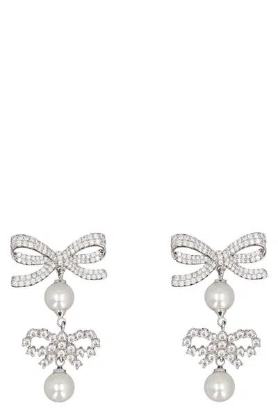 Self-portrait Double Bow Pearl Earrings In Silver