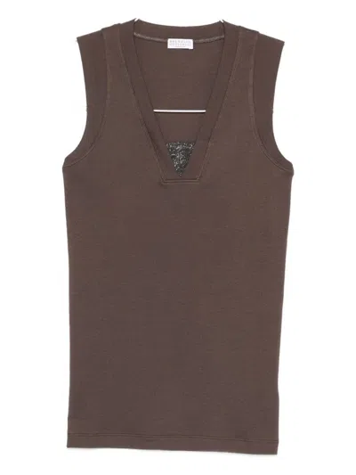 Brunello Cucinelli Cotton Tank V Neck Stretch Ribbed Top In Brown