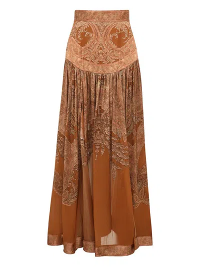 Zimmermann Memento Burnout Paisley Slit Maxi Skirt In Brown