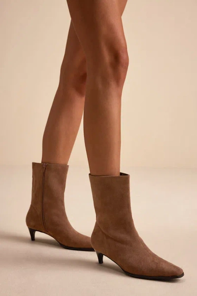 Lulus Carla Mocha Mousse Suede Kitten Heel Mid-calf Booties In Brown