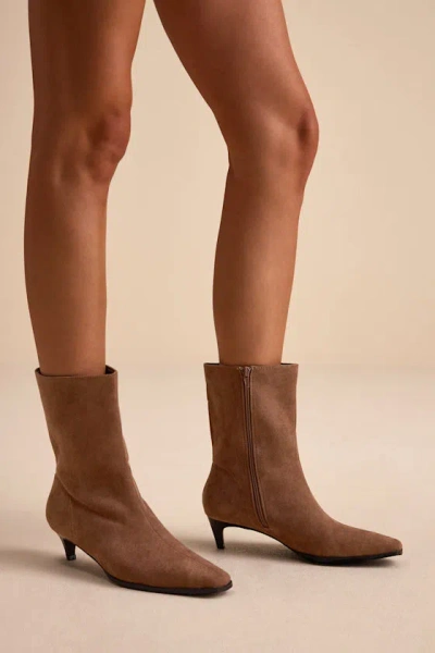 Lulus Carla Mocha Mousse Suede Kitten Heel Mid-calf Booties In Brown