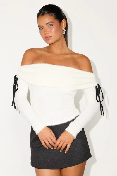 Lulus Bellaria White Textured Off-the-shoulder Bow Sweater Top In White