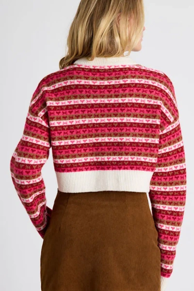 Lulus Townes Pink Striped Heart And Bow Cropped Sweater Top In Multi