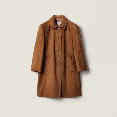 Miu Miu Waxed Suede Coat In Brown