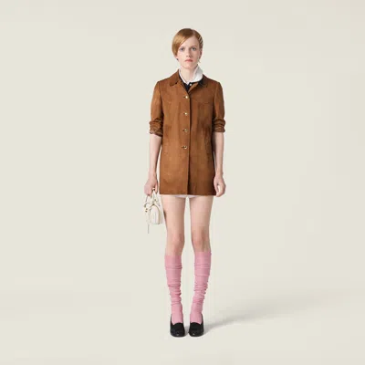 Miu Miu Waxed Suede Coat In Brown
