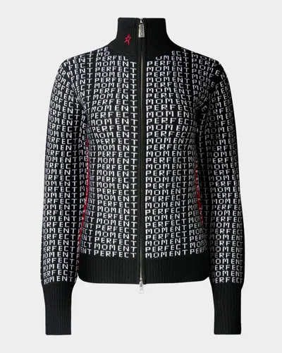 Perfect Moment Monogram Merino Wool Knit Zip Sweater In Black