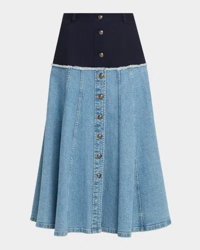 Likely Veena Colorblock Denim Midi Skirt In Blue