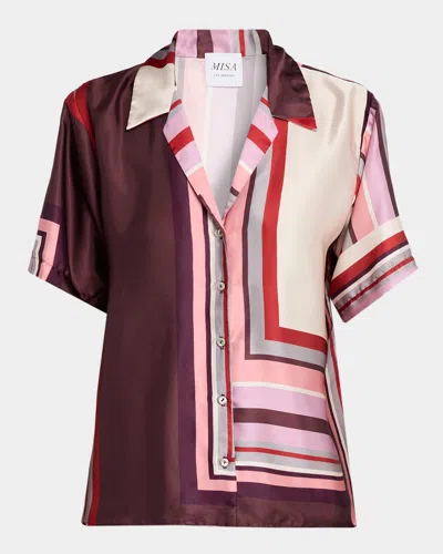 Misa Solange Geometric Stripe Satin Top In Brown