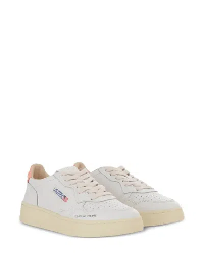 Autry Medalist Low Sneakers In White And Peach Leather With Handwriting Details Shoes In White