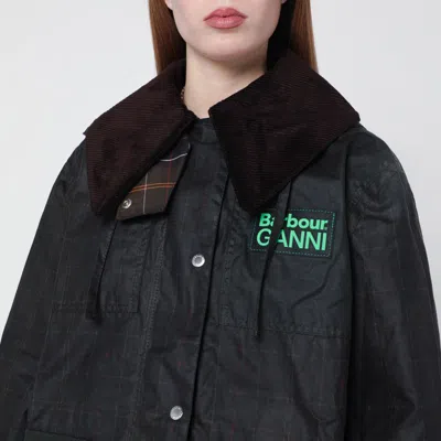 Barbour X Ganni Green Hood Ttn Duffle Wax Cotton Jacket In Black