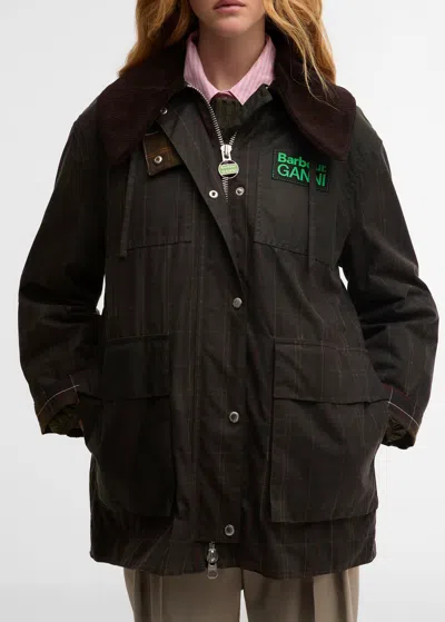 Barbour Dark Brown Jacket With All-over Stripe Motif And Logo Patch On The Front In Waxed Cotton Woman
