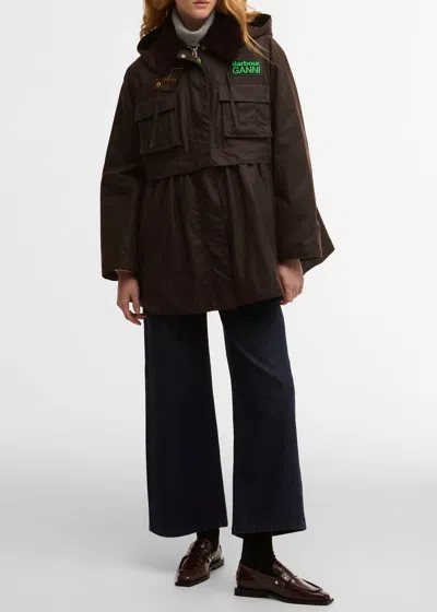 Barbour Dark Brown Jacket With All-over Stripe Motif And Logo Patch On The Front In Waxed Cotton Woman