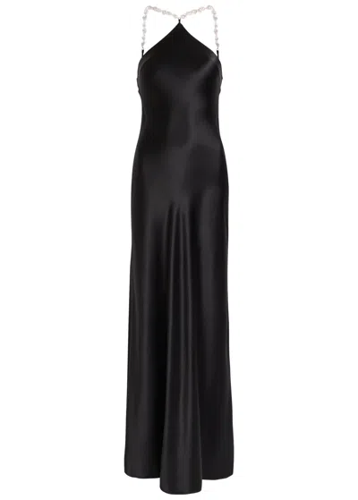 Staud Cadence Faux Pearl-embellished Satin Maxi Dress In Black