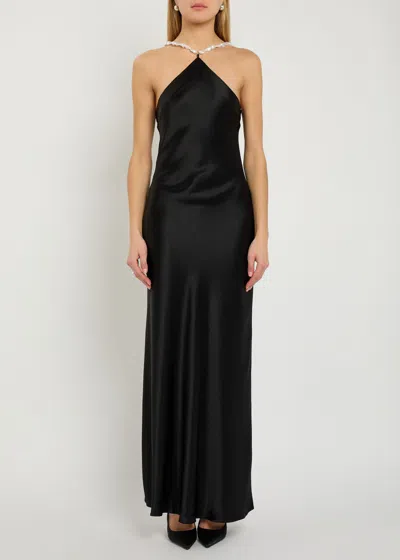 Staud Cadence Faux Pearl-embellished Satin Maxi Dress In Black