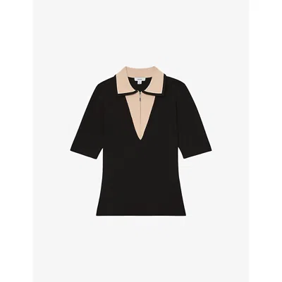Reiss Womens Black Ivory Stella Contrast-collar Stretch-knit Top In Black
