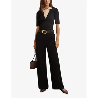 Reiss Womens Black Ivory Stella Contrast-collar Stretch-knit Top In Black