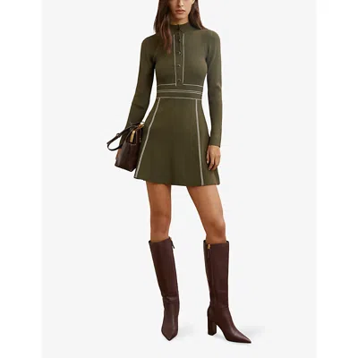 Reiss Womens Khaki Green Alex Contrast-stitch Stretch-knit Mini Dress Xl In Green