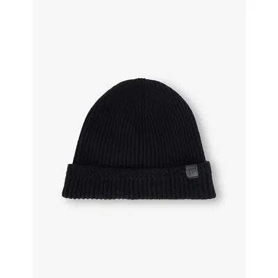 Tom Ford Mens Black Branded-tab Ribbed Cashmere Beanie Hat In Black