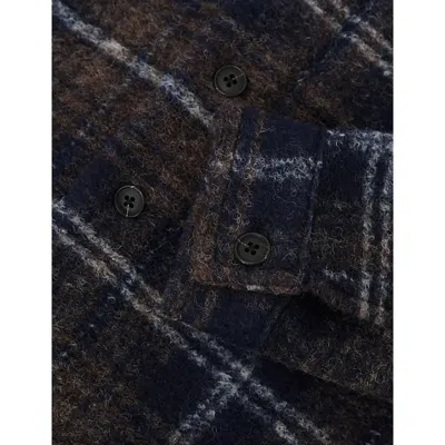 Reiss Navy Blue Brown Sam Button-down Checked Wool-blend Overshirt 3-9 In Blue