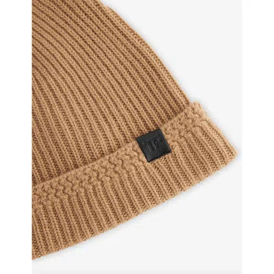 Tom Ford Mens Doe Branded-tab Ribbed Cashmere Beanie Hat In Brown