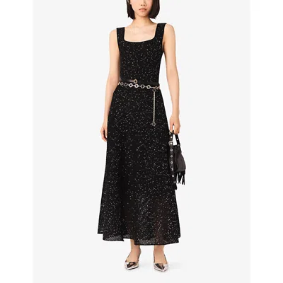 Maje Womens Black Square-neck Rhinestone-embellished Knitted Maxi Dress