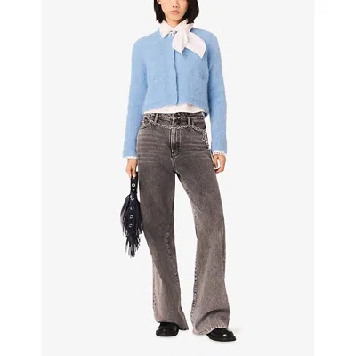 Maje Womens Blue Sky Bow-embellished Ribbed Knitted Cardigan In Blue