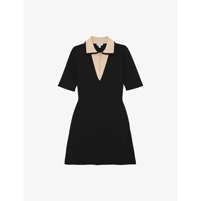 Reiss Womens Black Ivory Sophie Contrast-collar Stretch-knit Mini Dress In Black