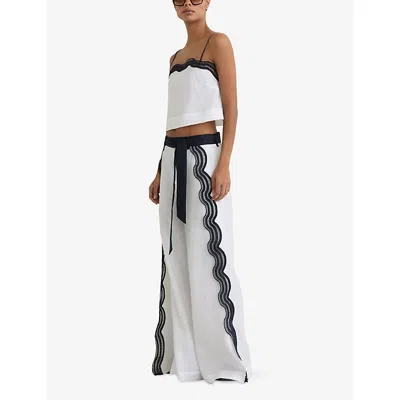 Reiss Womens Ivory Navy Felicity Scallop-edge Linen Top In White