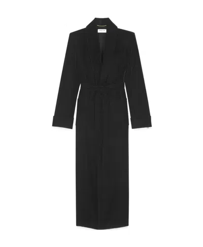 Saint Laurent Long Belted Coat In Cupro Velvet In Black