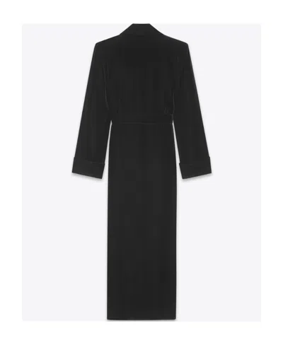 Saint Laurent Long Belted Coat In Cupro Velvet In Black