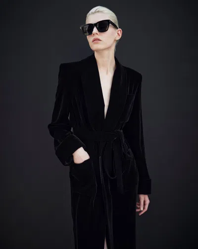 Saint Laurent Long Belted Coat In Cupro Velvet In Black