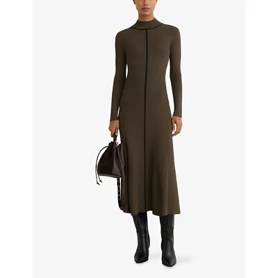 Reiss Womens Khaki Green Polly Contrast-stitch Knitted Midi Dress In Brown